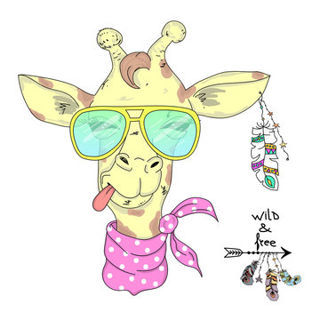 Giraffe hipster in sunglasses and a scarf. Hand drawn graphics. Animal vector illustration. character design for apparel