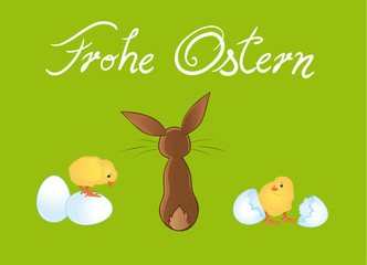 Happy Easter greeting card with Easter bunny and chicks 