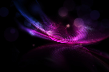 Magenta and pink light wave mesh with splashing color dust abstract background.