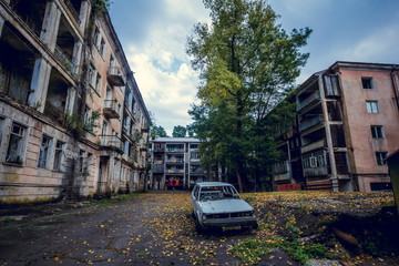 Abandoned mining ghost-town Jantuha, Abkhazia. Destroyed empty houses 