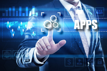 businessman pressing button on virtual screens