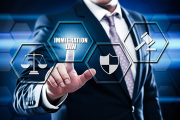 Business, technology, internet concept on hexagons and transparent honeycomb background. Businessman pressing button on touch screen interface and select immigration law - obrazy, fototapety, plakaty