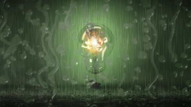 Gl&uuml;hbirne im Regen hinter einer nassen Scheibe