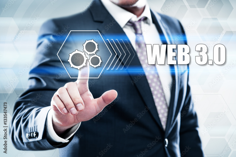 Poster business, technology, internet concept on hexagons and transparent honeycomb background. businessman
