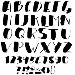 Hand drawn font made by dry brush strokes. Grunge style alphabet