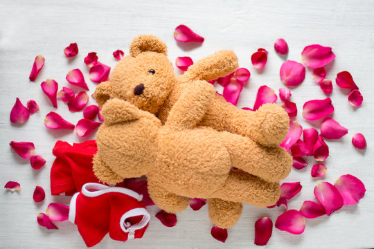Funny picture of a love making teddy bear couple on roses. Valentine background.