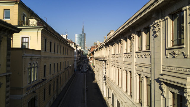 Via Solferino Milano, vista dall&rsquo;alto, Unicredit Tower, sede del Corriere della Sera e Ubi Banca, 8 gennaio 2017. Italia