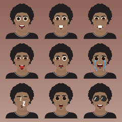 Set of cute african american man emoticons.
