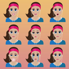 Set of cute sports girl emoticons.