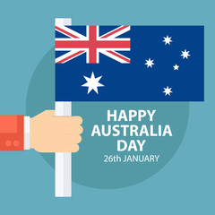 Happy Australia Day greeting card with male hand holding australian flag. Vector illustration.