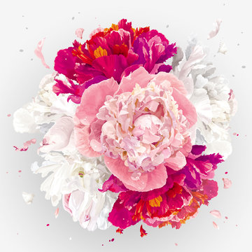 Pink, red and white peonies composition