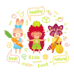 Obraz na płótnie Canvas Cartoon forest animals with fruits and vegetables. Vector illustration of healthy and vegetarian food for kids. Cute bunny girl holding carrot, hedgehog with apple and raccoon with pear.