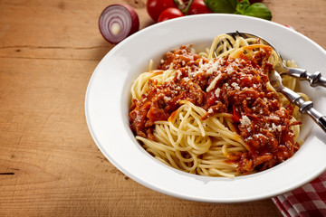 Bowl of fresh spaghetti bolognese