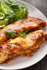 Spicy chicken enchiladas with a side of light green salad on a dark wood background close up shot