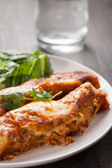 Spicy chicken enchiladas with a side of light green salad on a white plate on a dark wood background 