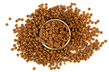 Pet food into the bowl for feeding and dropped dog feed