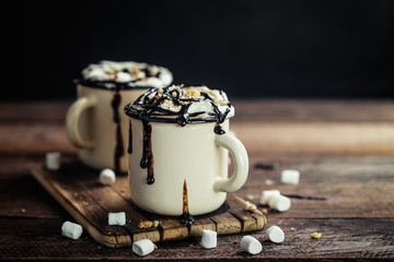 hot chocolate or irish coffee or cocoa drink with whipped cream - obrazy, fototapety, plakaty