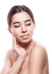 closeup portrait of beauty woman with closed eyes and her hand near face. isolated on white studio background