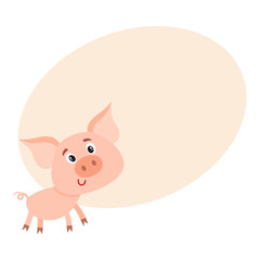Funny little smiling pig with swirling tail, cartoon vector illustration on background with place for text. Cute little pig standing on four legs and smiling shyly, decoration element