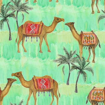 Watercolor painting Seamless pattern with camel decorated with oriental ornaments on grunge background. Vintage colorful hand drawn illustration