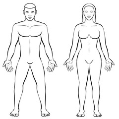 MAN and WOMAN - outline illustration for comparison of female and male body shapes.