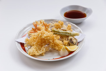 Shrimp and Vegetable (Sweet Potato, Scallion and Daikon) Tempura Served with Tentsuyu, Mince Daikon and Lemon.