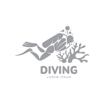 Black and white graphic diving logo template with diver swimming underwater, vector illustration isolated on white background. Scuba diving, snorkeling logotype, logo design with stylized diver