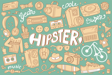 Hipster vector abstract illustration in cartoon style. Comics hand drawn elements and icons. Templates hipster elements for your design or background.