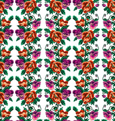 Color  bouquet of flowers (poppies and pansies) using traditional Ukrainian embroidery elements.Orange, violet, pink and green tones Seamless pattern. Can be used as pixel-art.