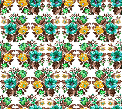 Color bouquet of wildflowers (lilia, bellflower, barberry flower and cornflowers)  using traditional Ukrainian embroidery elements.Yellow, blue, green, brown  tones.  Pixel-art. Seamless pattern.