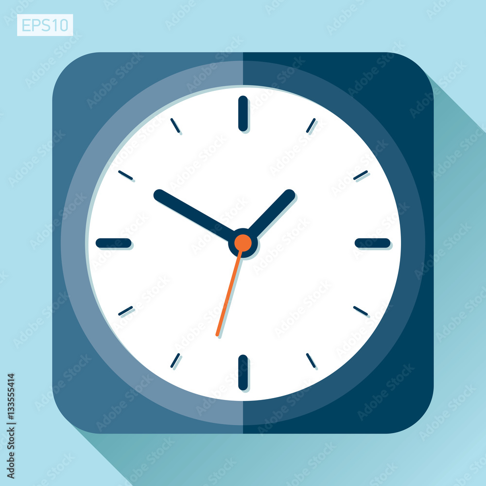 Poster alarm clock icon in flat style, timer on color background. vector design element