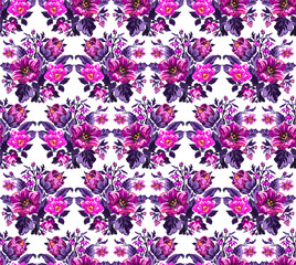 Color bouquet of wildflowers (lilia, bellflower, barberry flower and cornflowers)  using traditional Ukrainian embroidery elements. Pink, violet tones. Pixel-art. Seamless pattern.