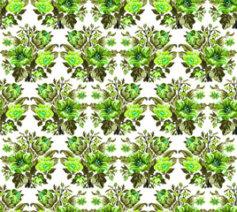 Color bouquet of wildflowers (lilia, bellflower, barberry flower and cornflowers)  using traditional Ukrainian embroidery elements. Green tones. Pixel-art. Seamless pattern.