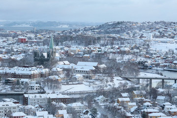 Winter in Trondheim, Norway. Aerial view of Trondheim, the river Nidelva, Trondheim fjord , The Cathedral Nidarosdomen.
