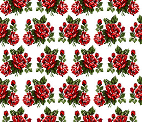 Seamless. Pattern. Color bouquet of flowers roses  using traditional Ukrainian embroidery elements. Can be used as pixel-art, card, emblem, icon. Red and green tones.