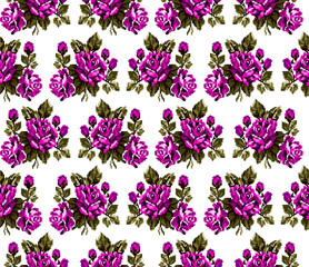 Seamless. Pattern. Color bouquet of flowers roses  using traditional Ukrainian embroidery elements. Can be used as pixel-art, card, emblem, icon.Pink and green tones.