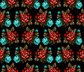 Seamless. Pattern. Color bouquet of flowers roses on the black background  using traditional Ukrainian embroidery elements. Can be used as pixel-art, card, emblem, icon. Violet,yellow and blue tones.