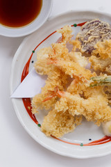 Shrimp and Vegetable (Sweet Potato, Scallion and Daikon) Tempura Served with Tentsuyu, Mince Daikon and Lemon.