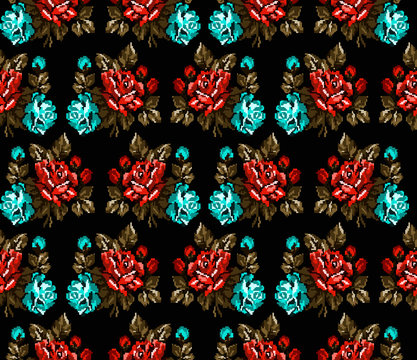 Seamless. Pattern. Color bouquet of flowers roses on the black background  using traditional Ukrainian embroidery elements. Can be used as pixel-art, card, emblem, icon. Violet,yellow and blue tones.