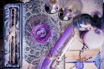 Bride's morning. Wedding accessories in lavender violet colors.