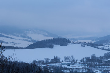 Beautiful winter landscape with sunset in the mountains.