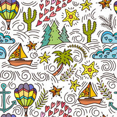 seamless pattern with cactus, palm trees, ship anchor