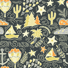 seamless pattern with cactus, palm trees, ship anchor