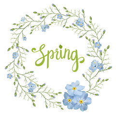 Beautiful greeting card with a wreath of spring blue flowers with lettering on white background