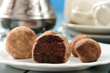 Homemade chocolate candies on turquoise background