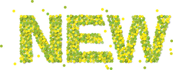 New! Schriftzug aus gelb-grünen Konfettis, Vektor