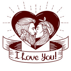 Black and white vector illustration for Saint Valentine's card. Vector image man kissing with woman. Young modern couple  inside heart with text "I love you" on ribbon