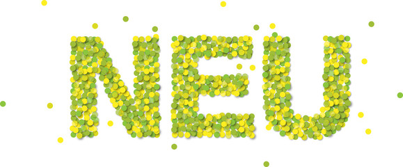 Neu! Schriftzug aus gelb-grünen Konfettis, Vektor