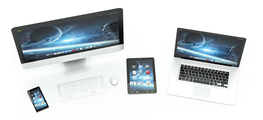 Modern computer laptop mobile phone and tablet 3D rendering