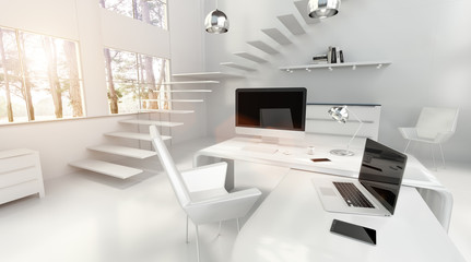 Modern white office interior with computer and devices 3D render